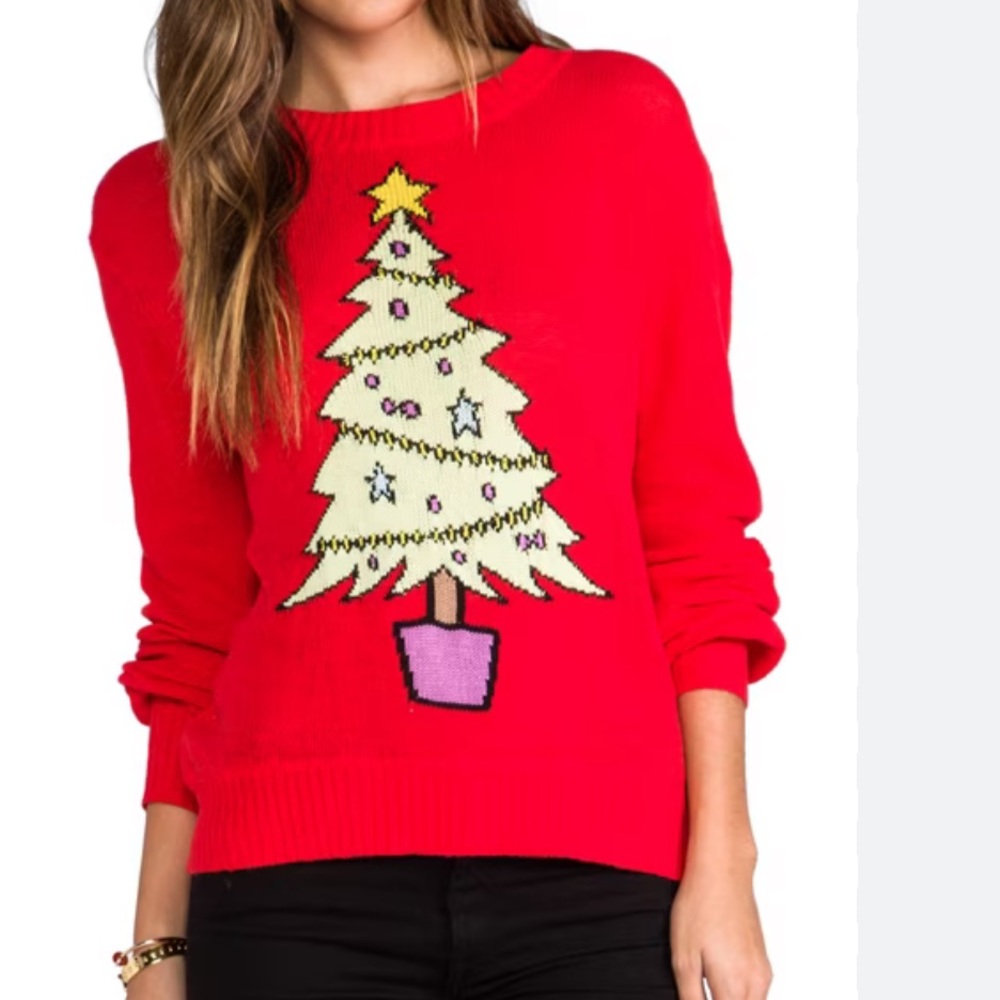 Wildfox Red Crewneck Sweater with Christmas Tree Graphic
